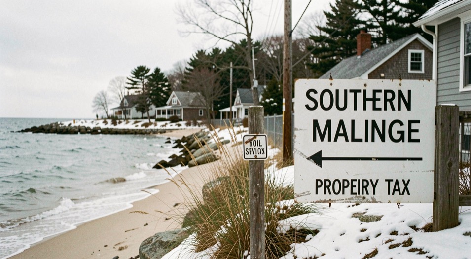Compare coastal and village life in southern Maine: editorial photograph showing coastal and village living