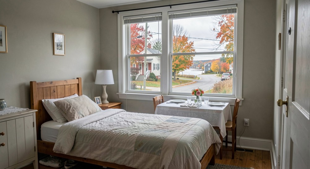 Enjoy fall weekends without crowded tourist routes: a detailed New England home scene focused on quiet fall weekends