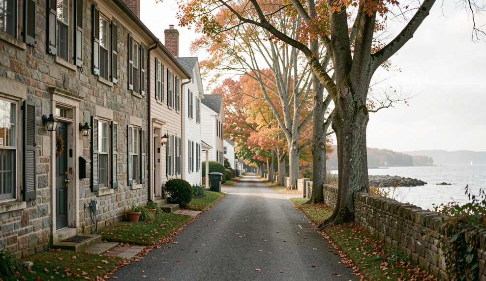 Prepare a New England home for nor'easter season: a detailed New England home scene focused on storm-ready home